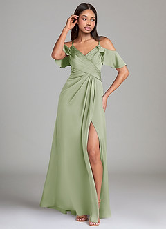 Azazie Dakota Robes de demoiselle d'honneur Robe Trapèze en Satin extensible Épaule décolletée Vert Sauge image4