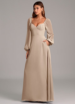 Azazie Annistyn Bridesmaid Dresses Taupe A-Line Long Sleeve Chiffon Dress image1