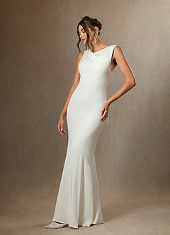 Azazie Tabitha Wedding Dresses Diamond White Mermaid Bateau Neckline Crepe Back Satin Dress image4