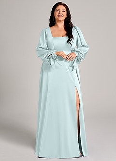 Azazie Leonia Jurken voor bruidsmeisjes Jurk van Stretch Satijn met A-Lijn Lange mouw Zeeglas image12