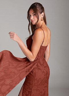 Azazie Denisa Bridesmaid Dresses Terracotta Sheath Pleated Floral Burnout Dress image5