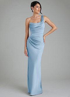 Azazie Sabrina At-home Try On Dresses Dusty Blue Mermaid Corset Stretch Satin Dress image7