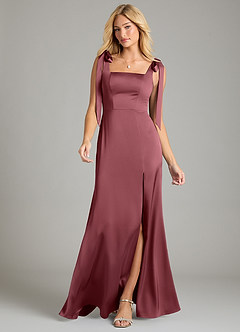 Azazie Frostine Vestidos de damas de honor Vestido de Rosa Del Desierto de Satén Elástico de Corte en A con Lazo image4