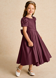 Azazie Miriam Flower Girl Dresses Cabernet Ball-Gown Pleated Matte Satin Dress image6