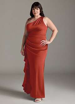 Azazie Latrice Bridesmaid Dresses Rust Sheath One Shoulder Cascading Ruffles Stretch Satin Dress image8