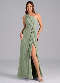 Azazie Brooke Bridesmaid Dresses Agave A-Line One Shoulder Floral Burnout Dress image4