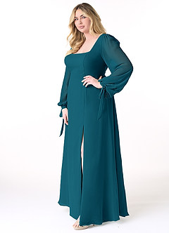 Azazie Leonia Robes de demoiselle d'honneur Robe Trapèze en Mousseline de soie Manche longue Bleu Encre image10