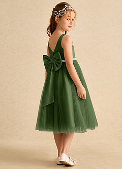 Azazie Firefly Robe Demoiselle D'honneur Fillette Robe Trapèze en Mat Satiné Arc Olive image2