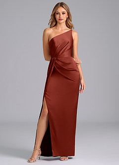 Azazie Naria Bridesmaid Dresses Terracotta Sheath One Shoulder Stretch Satin Dress image3