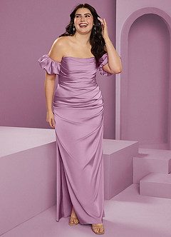 Barbie ♥ Azazie Robes de demoiselle d'honneur Robe Fourreau Convertible en Satin extensible Épaule décolletée Glycine image12