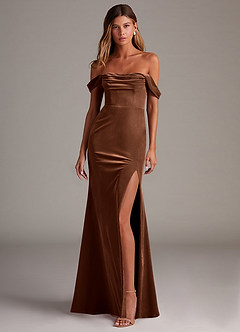 Azazie Saige Bridesmaid Dresses Umber Sheath Off the Shoulder Velvet Convertible Dress image4