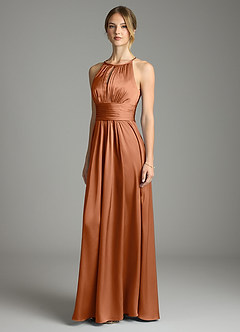 Azazie Bonnie Bridesmaid Dresses Copper A-Line Pleated Stretch Satin Dress image1