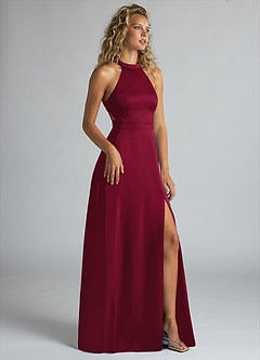 Azazie Clarice Bridesmaid Dresses Burgundy A-Line High Neck Stretch Satin Dress image2