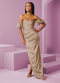 Barbie ♥ Azazie Brautjungfernkleider Wandelbar Etui Schulterfrei Stretch-Satin Kleid Taupe image3