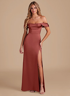 Azazie Saige Bridesmaid Dresses Terracotta A-Line Off the Shoulder Metallic Satin Convertible Dress image5
