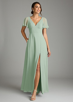 Azazie Kimber Bridesmaid Dresses Agave A-Line Flounce Sleeve Chiffon Dress image4