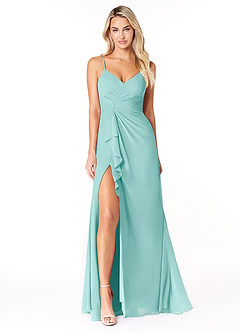 Azazie Emerald Bridesmaid Dresses Aqua A-Line Ruffled Chiffon Dress image4