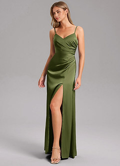 Azazie Azuree Bridesmaid Dresses Olive A-Line Pleated Stretch Satin Dress image11