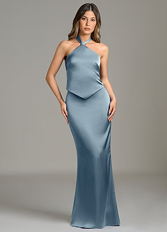 Azazie Francesca At-home Try On Dresses Dusty Blue Sheath Stretch Satin Dress image1