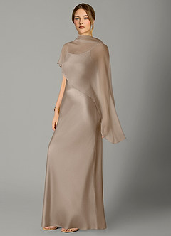 Azazie Jaleesa Robes de demoiselle d'honneur Robe Fourreau en Satin extensible Col haut Taupe image4