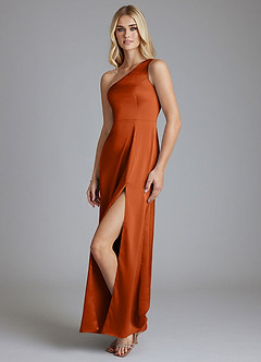 Azazie Phaedra Bridesmaid Dresses Burnt Orange A-Line One Shoulder Stretch Satin Dress image3