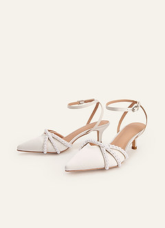 front Metallic Satin Pearl Pointed Toe Kitten Heel