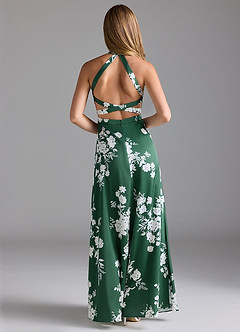 Azazie Clarice Abiti da Damigella Abito A-Line in Raso Elasticizzato Collo Alto Green Botanicals image3