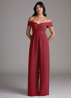 Azazie Lamara Bridesmaid Dresses Pomegranate Off the Shoulder Chiffon Convertible Jumpsuit image3