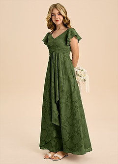 Azazie Omari Junior Olive A-Line Pleated Floral Burnout Dress image6