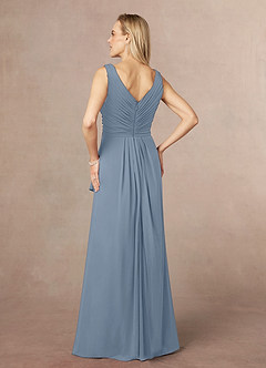 Azazie Evy At-home Try On Dresses Dusty Blue A-Line Pleated Stretch Chiffon Dress image3