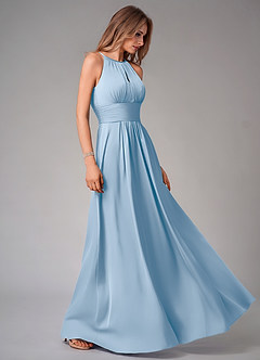 Azazie Bonnie At-home Try On Dresses Dusty Blue A-Line Pleated Stretch Satin Dress image4