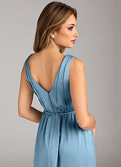 Azazie Tanicia Bridesmaid Dresses Steel Blue A-Line Pleated Stretch Satin Dress image7