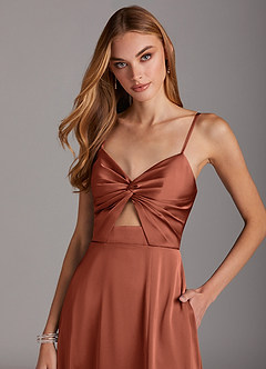 Azazie Jenna Bridesmaid Dresses Clay A-Line Pleated Stretch Satin Dress image5