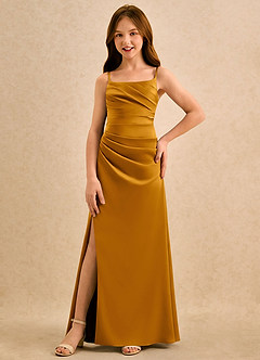 Azazie Cannoli Girls Formal Blumenmädchenkleider A-Linie Plissee Stretch-Satin Kleid Butterscotch image3