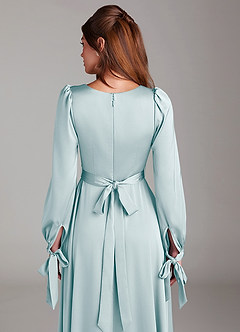 Azazie Leonia Bridesmaid Dresses Sea Glass A-Line Long Sleeve Stretch Satin Dress image7