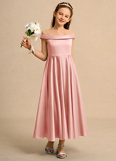 Azazie Teeny Junior Formal vestidos de niña de las flores Vestido de Rosetón de Satin Mate de Corte En A con Plisado image5