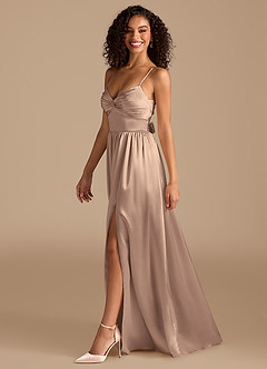 Azazie Zeya Bridesmaid Dresses Taupe A-Line Pleated Metallic Satin Dress image5