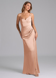 Azazie Leo Final Sale Rose Gold Sheath Pleated Stretch Satin Dress image2