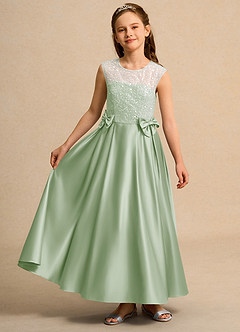 Azazie Candy Girl Abiti da Ragazza di Fiori Abito Principessa in Raso Opaco Fiocco Verde Salvia image4