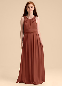 Azazie Bibiane Junior Abito A-Line in Raso Elasticizzato Plissettato Auburn image3