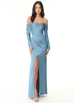 Azazie Hallie Vestidos de damas de honor Vestido de Azul Acero de Satén Elástico de Corte Recto Convertible con Manga larga con hombros descubiertos image3