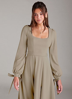Azazie Leonia Bridesmaid Dresses Taupe A-Line Long Sleeve Stretch Crepe Dress image8