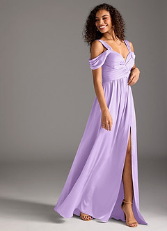 Azazie Lianne Bridesmaid Dresses Lilac A-Line Off the Shoulder Stretch Satin Dress image6