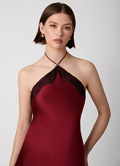Cayley Burgundy 100% Washable Silk Halter Lace Maxi Dress image3