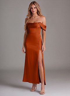 Azazie Saige 신부 들러리 드레스 인어 오프 더 숄더 스트레치 새틴 발목 길이 드레스 image3