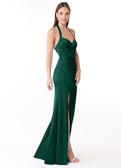 Azazie Emeria Bridesmaid Dresses Emerald Mermaid Pleated Stretch Satin Dress image4