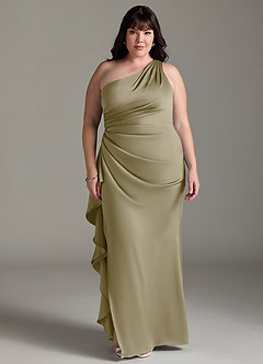 Azazie Latrice Vestidos de damas de honor Vestido de Musgo Verde de Satén Elástico de Corte Recto con Volantes en cascada Un hombro image6