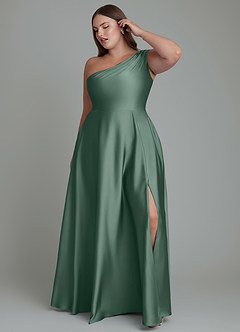 Azazie Melanie Bridesmaid Dresses Eucalyptus A-Line Off the Shoulder Stretch Satin Dress image9