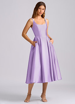 Azazie Amalie 신부 들러리 드레스 A라인 주름진 스트레치 새틴 티 길이 드레스 image3