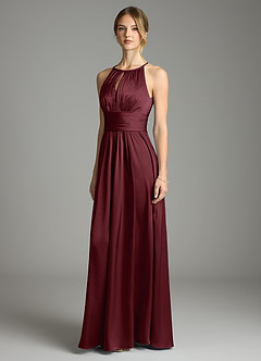 Azazie Bonnie Bridesmaid Dresses Cabernet A-Line Pleated Stretch Satin Dress image1